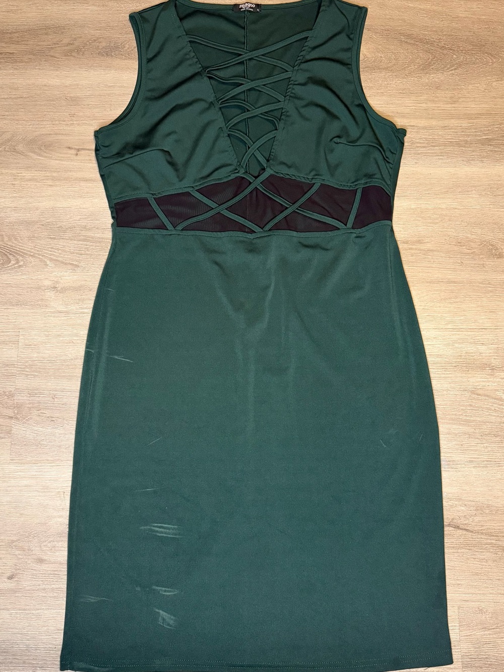 Sleeveless Forest Green Sheath Dress with Lattice Detail